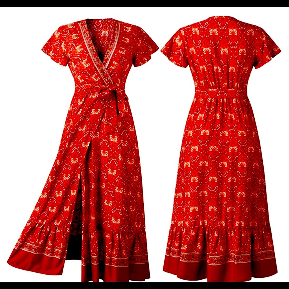 Prettgarden v neck wrap floral belted boho dress